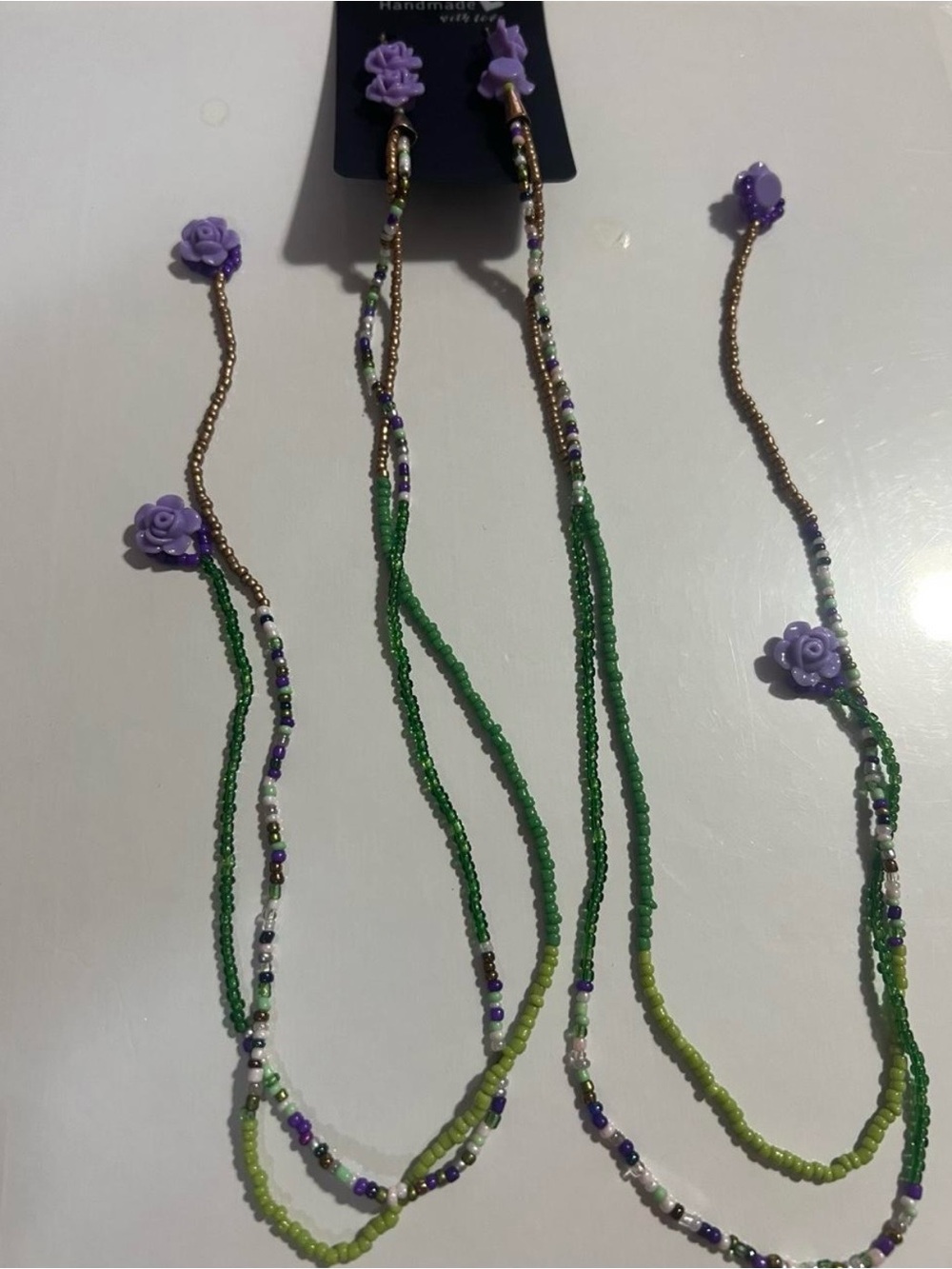 Handmade Purple Rose & Green Beaded Layered Necklace